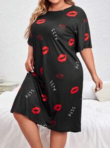Camisón de noche con estampado de letras y labios, camisón tipo muu muu - Negro - Ver 4