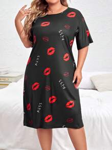 Camisón de noche con estampado de letras y labios, camisón tipo muu muu - Negro - Ver 5