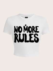 SHEIN EZwear Casual Minimalist Letter Print Round Neck Short Sleeve Fitted Women T-Shirt, Suitable For Summer Back To School