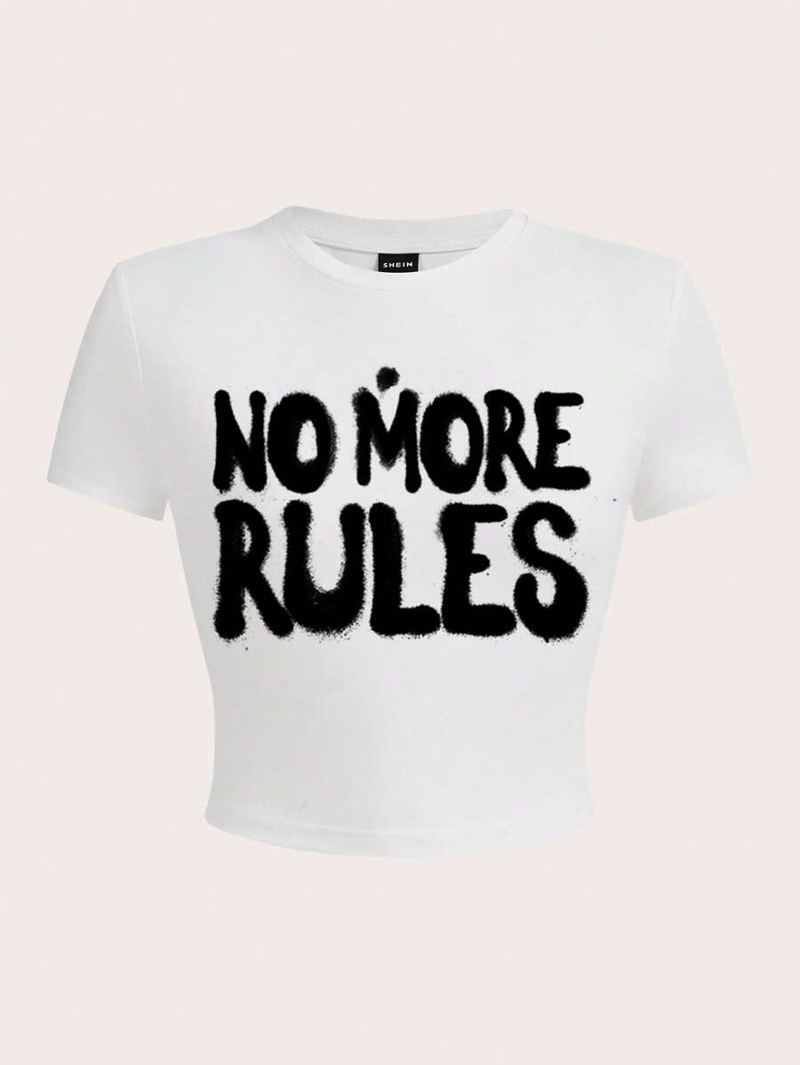 SHEIN EZwear Casual Minimalist Letter Print Round Neck Short Sleeve Fitted Women T-Shirt, Suitable For Summer Back To School