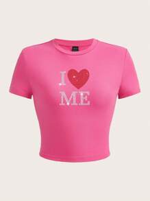 SHEIN EZwear Valentine's Day Rhinestone Letter Heart Graphic Round Neck Short Sleeve Women's Slim Fit T-Shirt, Summer - Pink - View 1