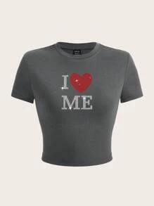 SHEIN EZwear 水鑽心&標語圖案短款T恤 - 深灰色 - 查看 1