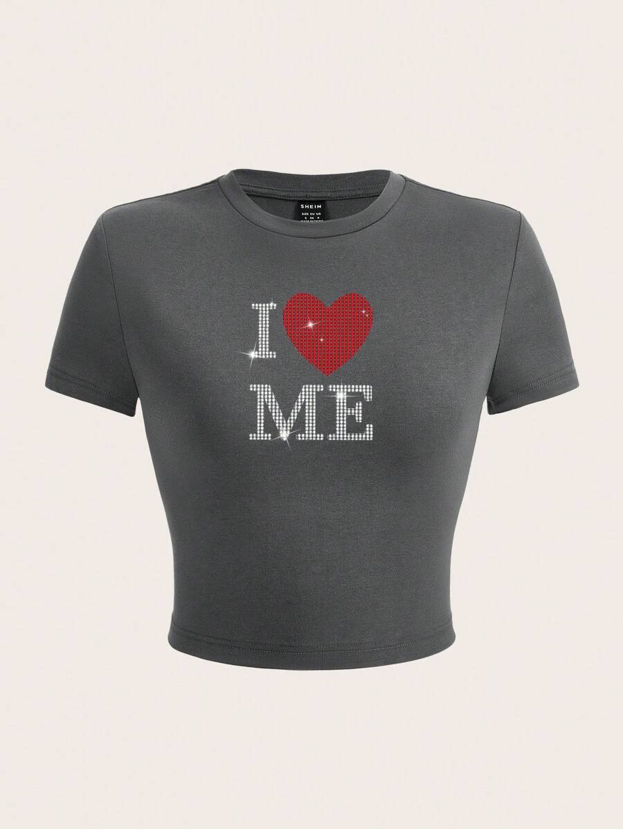 SHEIN EZwear 水鑽心&標語圖案短款T恤 - 深灰色 - 查看 1