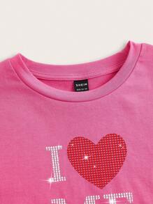 SHEIN EZwear Valentine's Day Rhinestone Letter Heart Graphic Round Neck Short Sleeve Women's Slim Fit T-Shirt, Summer - Pink - View 4