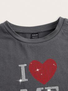 SHEIN EZwear 水鑽心&標語圖案短款T恤 - 深灰色 - 查看 4