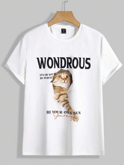 تي شيرت بجرافيك شعار وقط للرجال