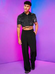 FeverCity Men Solid Wide Leg Belted Pants - Black - View 6