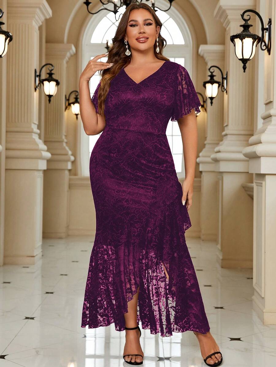 大碼蝴蝶袖荷葉邊花卉蕾絲魚尾裙下擺正式連衣裙 - 紫紅色 - 查看 1