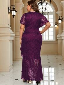 大碼蝴蝶袖荷葉邊花卉蕾絲魚尾裙下擺正式連衣裙 - 紫紅色 - 查看 2