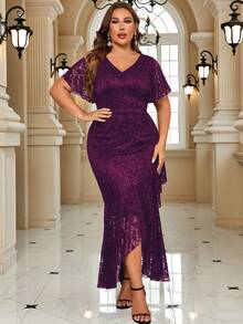 大碼蝴蝶袖荷葉邊花卉蕾絲魚尾裙下擺正式連衣裙 - 紫紅色 - 查看 4