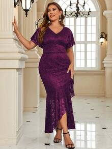 大碼蝴蝶袖荷葉邊花卉蕾絲魚尾裙下擺正式連衣裙 - 紫紅色 - 查看 5