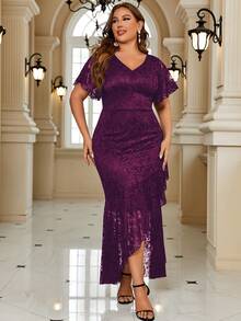 大碼蝴蝶袖荷葉邊花卉蕾絲魚尾裙下擺正式連衣裙 - 紫紅色 - 查看 6