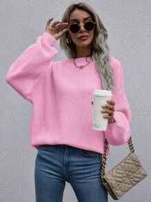SHEIN LUNE Solid Drop Shoulder Ribbed Knit Jumper - Pink - View 1