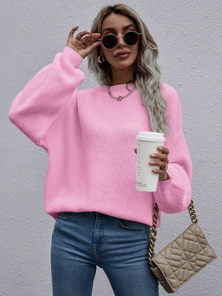 SHEIN LUNE Solid Drop Shoulder Ribbed Knit Jumper - Pink - View 1