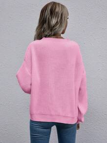 SHEIN LUNE Solid Drop Shoulder Ribbed Knit Jumper - Pink - View 2