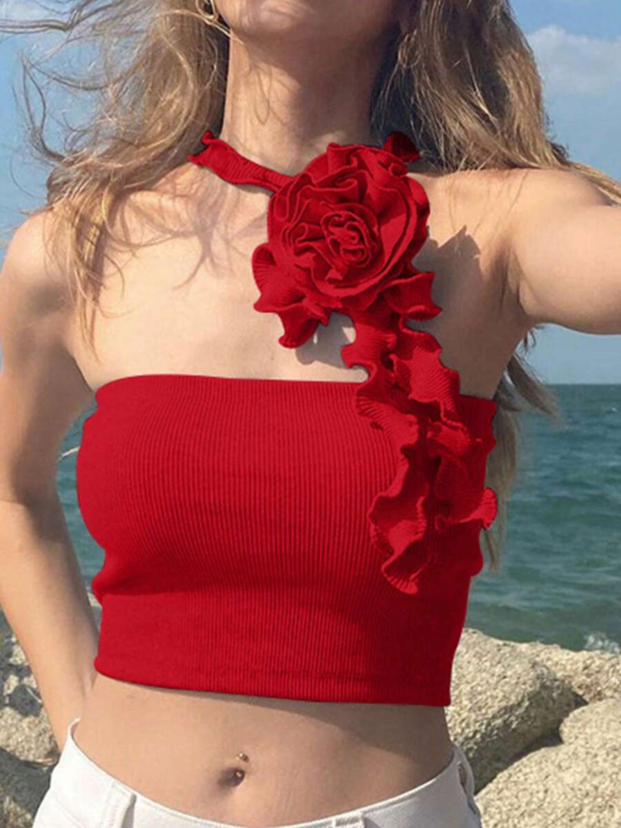Solid Ruffle Trim Crop Halter Top