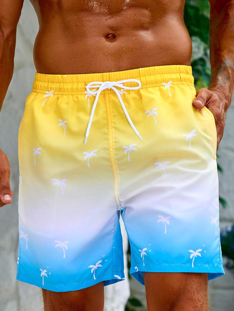 Surfspeed Men Ombre Palm Tree Print Ombre Drawstring Waist Swim Trunks - Multicolor - View 1
