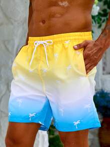 Surfspeed Men Ombre Palm Tree Print Ombre Drawstring Waist Swim Trunks - Multicolor - View 3