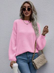 SHEIN LUNE Solid Drop Shoulder Ribbed Knit Jumper - Pink - View 6