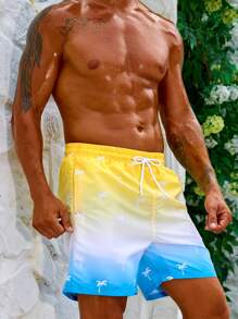 Surfspeed Men Ombre Palm Tree Print Ombre Drawstring Waist Swim Trunks - Multicolor - View 5