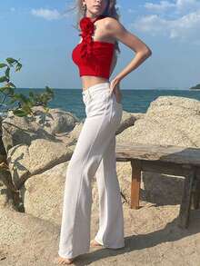 Solid Ruffle Trim Crop Halter Top