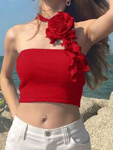 Solid Ruffle Trim Crop Halter Top