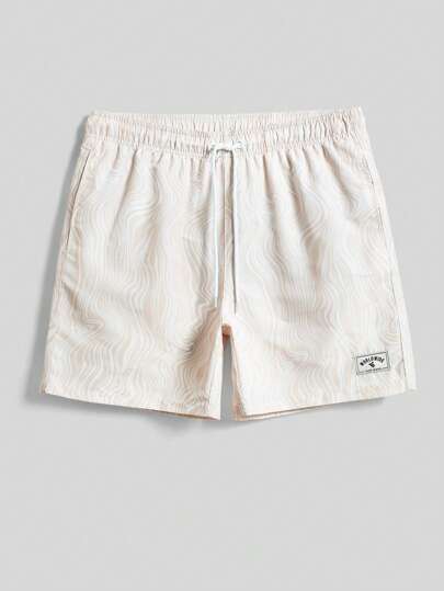 Manfinity Swimmode Swim Trunks For Men Drawstring Waist Security Pockets Lightweight 4-Way Stretch Letter Patches For Gym-To-Street,Beach VacationKhaki Fabric Non-Stretch Lined Beach Shorts