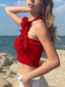 Solid Ruffle Trim Crop Halter Top