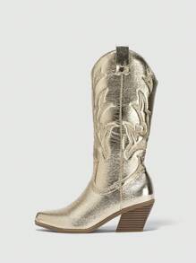 女性刺繡細節粗跟時尚魅力四射戶外西部牛仔靴