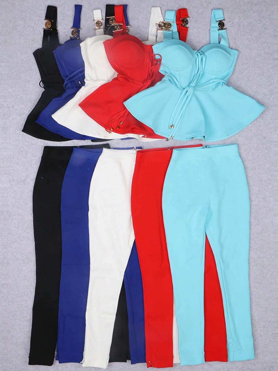 2 件套针织绷带金属纽扣鱼尾裙上衣和弹力紧身裤，优雅商务/日常/生日/晚装，长款 - 紅色 - 查看 1