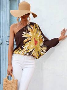 SHEIN LUNE Floral Print One Shoulder Batwing Sleeve Blouse - Brown - View 1