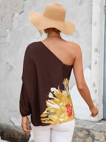 SHEIN LUNE Floral Print One Shoulder Batwing Sleeve Blouse - Brown - View 2