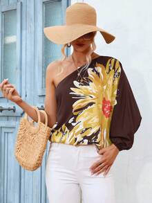 SHEIN LUNE Floral Print One Shoulder Batwing Sleeve Blouse - Brown - View 5
