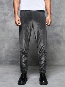 GENTILAND Men Solid Glitter Pants - Black - View 1