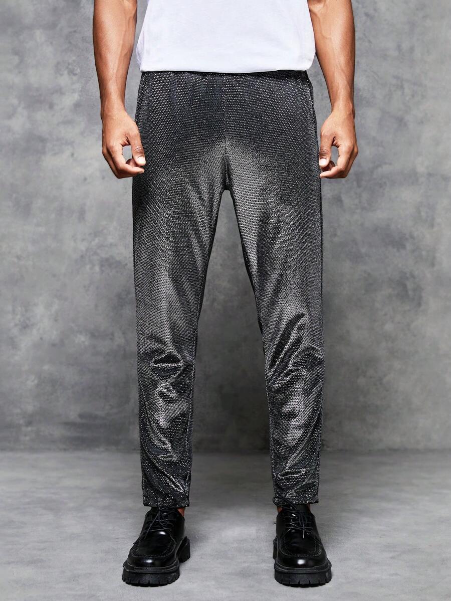 GENTILAND Men Solid Glitter Pants - Black - View 1