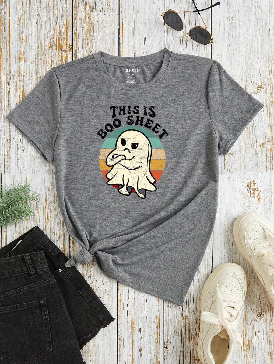 SHEIN LUNE Halloween Print Tee - Grey - View 1