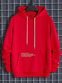 Manfinity RebelGame 男士標語圖案袋鼠口袋抽繩連帽衫 - 紅色 - 查看 1