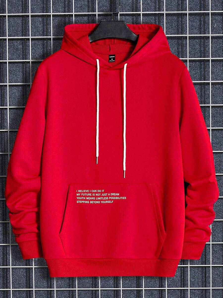 Manfinity RebelGame 男士標語圖案袋鼠口袋抽繩連帽衫 - 紅色 - 查看 1