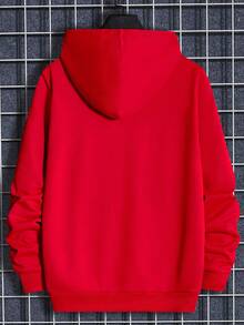 Manfinity RebelGame 男士標語圖案袋鼠口袋抽繩連帽衫 - 紅色 - 查看 2