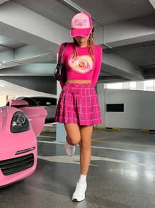 SHEIN EZwear Letter and Plaid Print Skirt - Multicolor - View 4