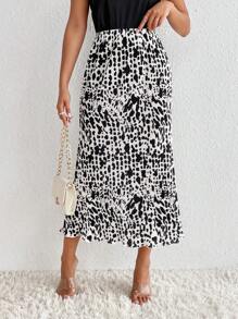 SHEIN Privé 滿版印花彈性腰帶半身裙 - 黑與白 - 查看 5