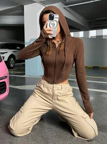 SHEIN EZwear Áo hoodie crop top có mũ trùm đầu, dây rút, khóa kéo chắc chắn cho mùa thu/đông - Cà phê nâu - Xem 4