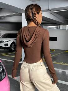 SHEIN EZwear Áo hoodie crop top có mũ trùm đầu, dây rút, khóa kéo chắc chắn cho mùa thu/đông - Cà phê nâu - Xem 2