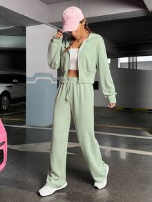 SHEIN EZwear Drop Shoulder Zipper Up Hoodie & Sweatpants - Green - View 5