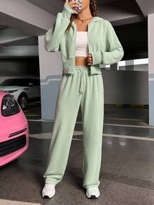 SHEIN EZwear Drop Shoulder Zipper Up Hoodie & Sweatpants - Green - View 6