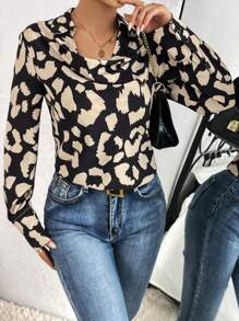 SHEIN Privé 滿版印花垂領襯衫 - 黑色 - 查看 3