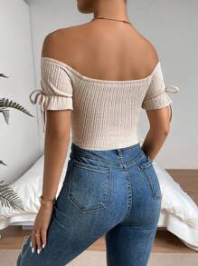 SHEIN Privé Off Shoulder Ruched Bust Knot Side Crop Top