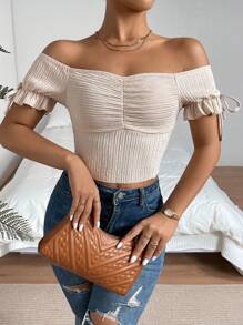 SHEIN Privé Off Shoulder Ruched Bust Knot Side Crop Top