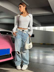 SHEIN EZwear 條紋圖案缺口領木耳邊短款T恤 - 彩色 - 查看 2