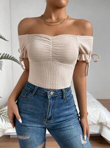 SHEIN Privé Off Shoulder Ruched Bust Knot Side Crop Top